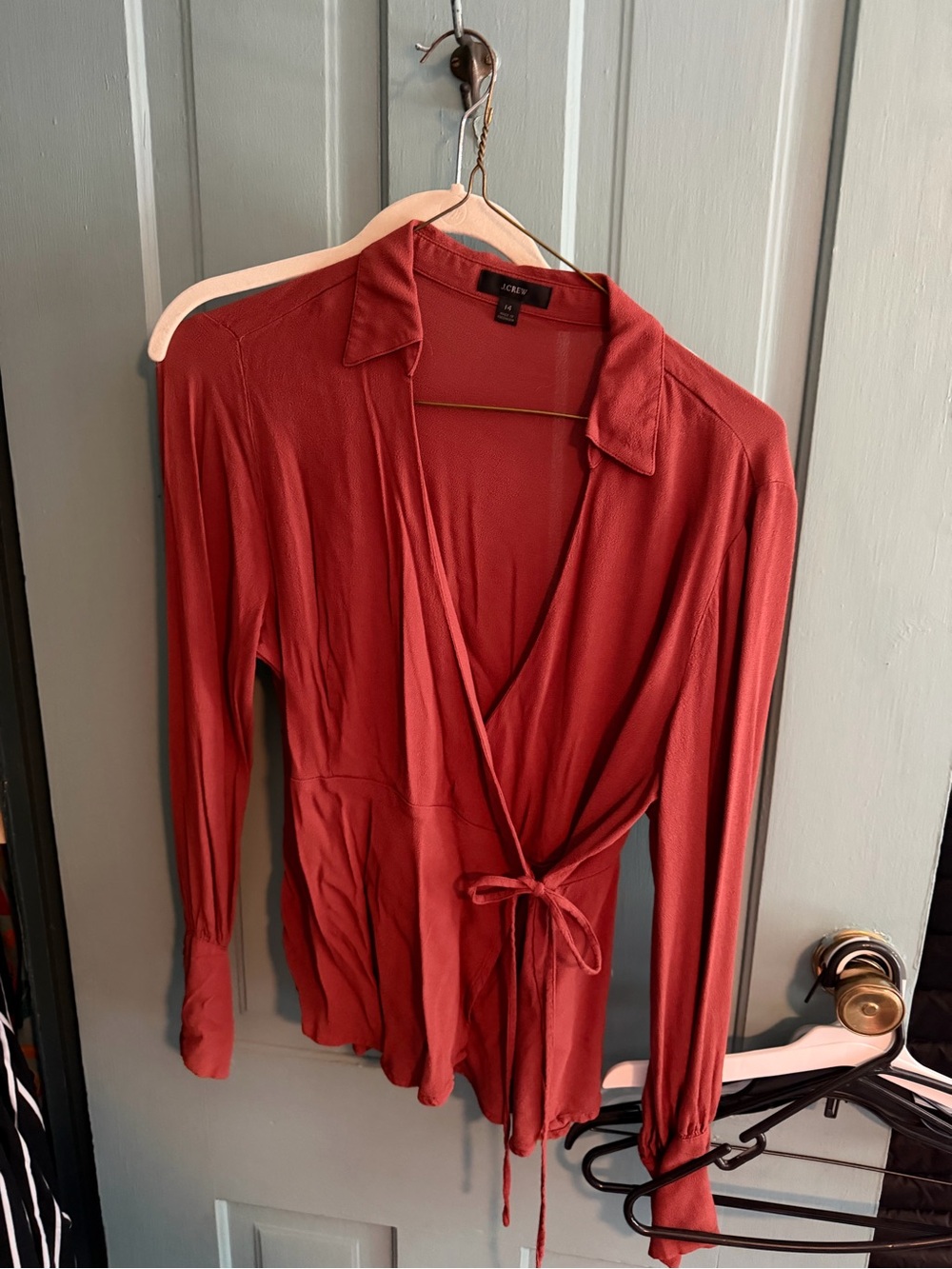 J. Crew Rust Red Wrap Blouse - Collared V-Neck